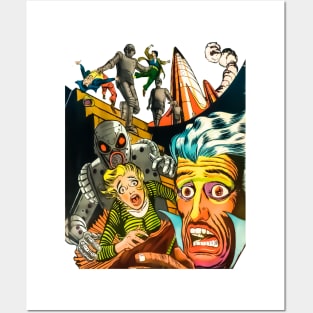 Scary Face Robots Attack Rocket Science Fiction Space Adventures Extraterrestrial Invasion Retro Comic Vintage Old Cartoon Posters and Art